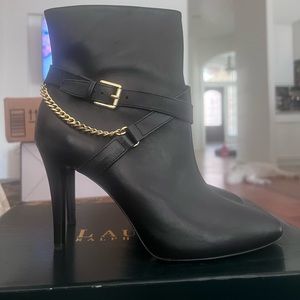 Ralph Lauren Black Ankle Heeled Boots with Chain Detail